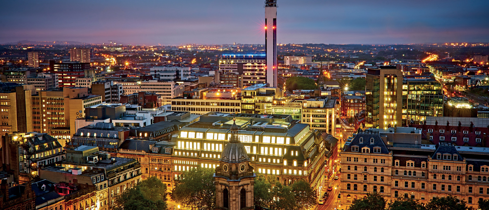 Night time image of 55 Colmore Row offices in Birmingham City Centre