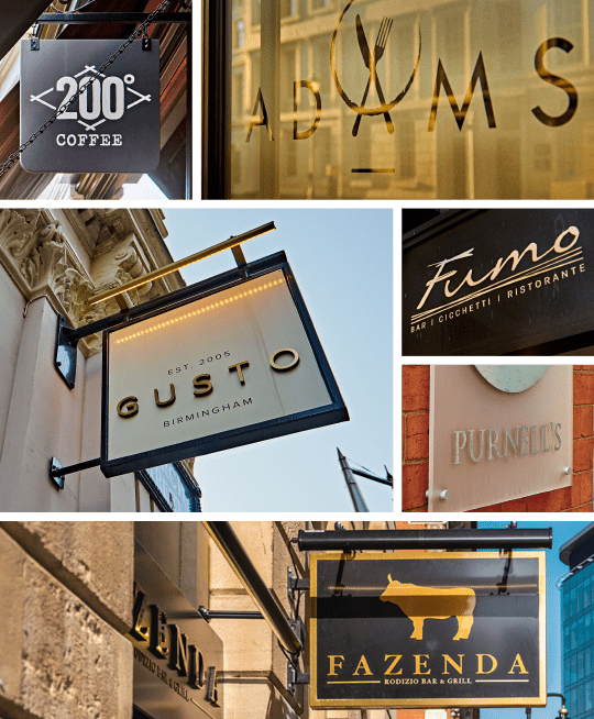 A collage of restaurant signs from the area around 55 Colmore Row.